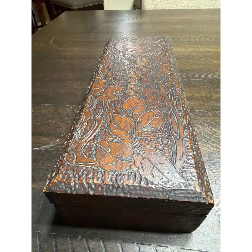 Antique 1906 Pyrography Wood Glove Box Arts Crafts Floral Pokerwork Dated 1907
